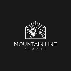 Wall Mural - Mountain landscape geometric logo with sun. Sunset or sunrise rectangular abstract icon.