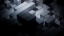 Futuristic Tech Wallpaper With Precisely Constructed Glossy Blocks. Grey And Black, 3D Render.
