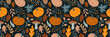 Long seamless autumn pattern with pumpkins, mushrooms, plants and leaves