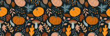 Long Seamless Autumn Pattern With Pumpkins, Mushrooms, Plants And Leaves