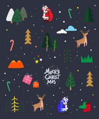 Merry Christmas and Happy New Year%21 2021%21 Drawing for poster or pattern. Vector trendy abstract illustrations of holiday card with forest  santa claus  fox  deer  lettering  christmas tree and pin