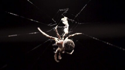 A large orb spider weaving its web while moving in a clockwise in the dark background