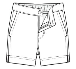 mens short pant technical detail drawing. mens plain casual short pant with button closure fashion flat sketch vector illustration.