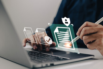 Leinwandbilder - Smart Contract. Concept of Data Protection and Privacy Policy with a Man Signing a Digital Signature on an Online Business Contract