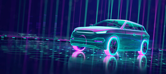 Cyberpunk neon car on the tech space and vertical rays of light around. Front side of the SUV car. Professional 3d rendering of own designed generic non existing car model.