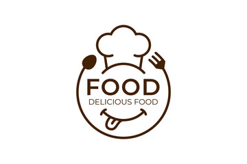 restaurant delicious food logo badge line style vector design with smile face, fork and spoon icon concept for catering, food culinary logo design