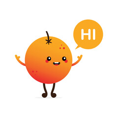 Wall Mural - Cute cartoon style orange fruit character with speech bubble saying hi, hello.
