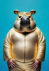 Wall Mural - hippo wearing golder suit