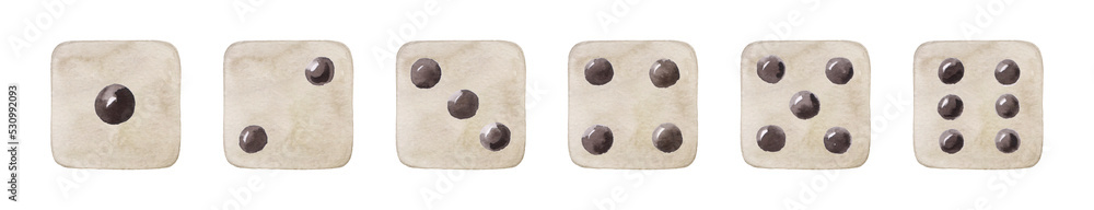 Die Math Dice watercolor icons. Traditional die with six faces of cube marked ...