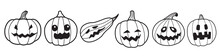 Set Of Various Halloween Pumpkins. Pumpkin Characters With Different Faces And Emotions. Sketchy Doodle Drawing With Black Lines. Ghost, Lantern, Mystical Creature. Cute, Scary, Scared. Vector 