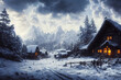 Wunderschöne Winterlandschaft mit Schnee, Bergen und beleuchteten Häusern, generative ai technology