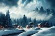 Wunderschöne Winterlandschaft mit Schnee, Bergen und Holzhäusern