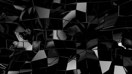 Wall Mural - Abstract black geometric uneven bumpy surface with kinks from glossy blocks. Minimal quadrilateral grid 3d rendering in black. Computer gometric background for screensaver, presentation or wallpaper.