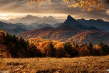 Beautiful Forest During Autumntime Over A Background Of Mountains