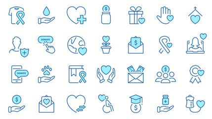 Charity and Donation Linear Icons Set. Giving help, Donating Money, Clothing, Food, Medicines and Love for People. Volunteering, Charity and Helping concept. Editable stroke. Vector illustration