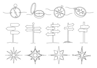 One line way direction. Journey navigation sign, traveller compass and destination signboard vector illustration set