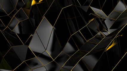 Abstract black geometric bumpy surface with kinks from glossy blocks and yellow connections. Minimal quadrilateral grid 3d rendering in black. Computer gometric background for presentation.