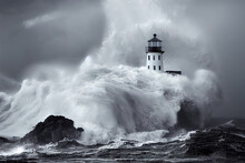 Storm With Big Waves Over The Lighthouse At Theocean