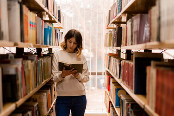 Standing  between the bookshelves