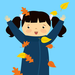 Poster - girl tossing colorful autumn leaves