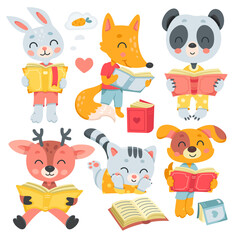 Cute animals read books set vector illustration. Cartoon isolated funny smart little characters love to study, forest animals reading fantasy and storybook, fairy tale literature from library