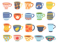 Cartoon Cups. Vintage English Teacup, Coffee Cup And Kitchen Mug. Tea Ceremony Vector Illustration Set