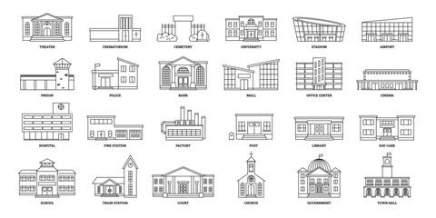 Line art government buildings. University exterior, city hospital and bank building. Town architecture office center