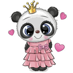 Canvas Print - Cartoon Panda Princess in a pink dress with hearts