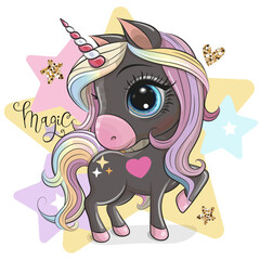 Wall Mural - cartoon unicorn with a rainbow mane on a stars background