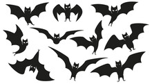 Halloween Bat Silhouette. Flying Wings Shape, Horror Vampire Bats And Scary Night Mammal Animal Vector Icons Set