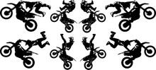 A Set Of Black And White Vector Images Of Motorcyclists Performing Extreme Stunts In The Discipline Of Motofreestyle