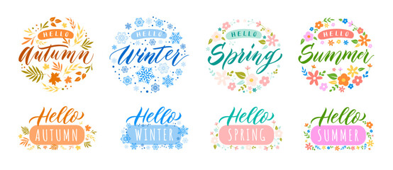hello season lettering badge. autumn, winter, spring and summer seasons celebrating typography badge