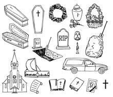 Funeral And Cemetery Attributes Doodle Set. Collection Of High Quality Outline Funeral Pictograms Sketch Style. Coffin, Grave, Wreaths, Funeral Urn, Temple For Web Design And Mobile App On White