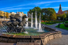 Alexandrovsky Garden Near Moscow Kremlin In Moscow, Russia. Architecture And Landmark Of Moscow. Moscow Cityscape