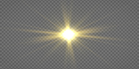 Poster - Flare with golden rays of light and magic sparkles. Bright star spark. Abstract yellow rays will raise. Transparent glitter gradient gloss, bright flash. Gold shining sun with sparkle rays. Vector.