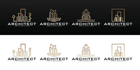 Wall Mural - collection of architect logos, buildings, houses, cities in line style