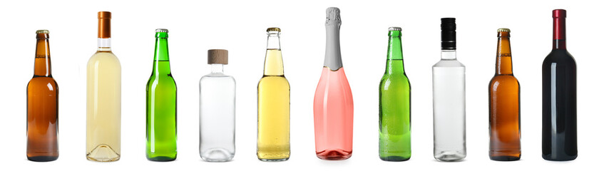 Sticker - Set with bottles of different alcohol drinks on white background. Banner design