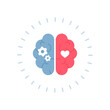Mental health, eq and emotional regulation concept. Vector flat design healthcare illustration. Human brain with half of rational gear and emotional heart shape symbol isolated on white background.