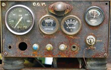 Close-up A Vintage Panel Control Dashboard Of The Old Engine Which Have Very Rust.