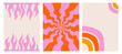A set of colorful backgrounds in y2k style. Wavy pattern, tribal flame and abstract rainbow. Modern retro templates. Vector illustration for posters, invitations, labels, covers, postcards