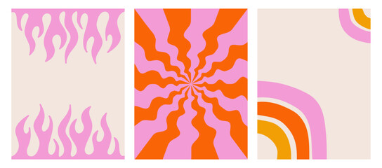 Wall Mural - a set of colorful backgrounds in y2k style. wavy pattern, tribal flame and abstract rainbow. modern 