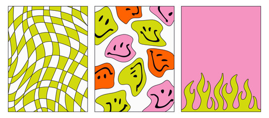 Wall Mural - set of acid futuristic backgrounds. vector psychedelic posters in the style of the 90s. tribal flame