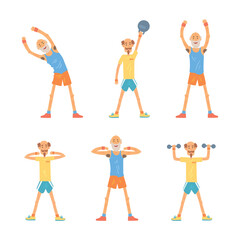 Sticker - Senior and Mature Man Doing Physical Exercises Stretching Body and Strengthen Muscles Vector Set