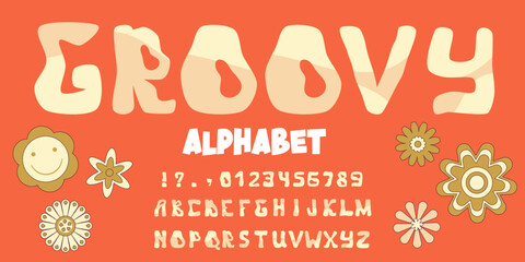 Wall Mural - Groovy alphabet font in vintage hippy style. Retro 60s 70s psychedelic design alphabet. Vintage 70s wavy background. Psychedelic swirl groovy letters.