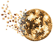 Golden Disco Mirror Ball Spinning And Breaking Into Fragments