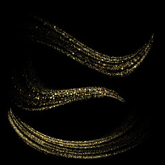 Wall Mural - golden shimmering wave gold glitters isolated on black background. glittering trail of stardust. abs