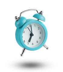 isolated blue alarm clock flying over white background.