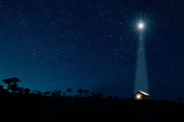 Wall Mural - the star shines over the manger of christmas of jesus christ. panorama