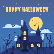 Happy Halloween Greeting Card Template. Scary Holiday Celebration. Editable Social Media Post Design. Flat Vector Color Illustration For Poster, Web Banner, Ecard. Creepster Font Used