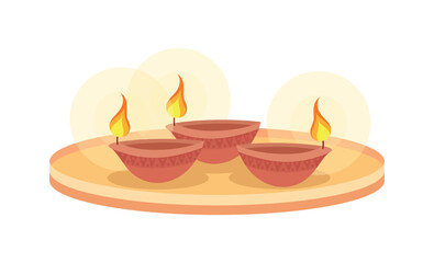 Wall Mural - Burning oil lamps on tray semi flat color vector objects. Editable elements. Full sized items on white. Diwali symbol simple cartoon style illustration for web graphic design and animation